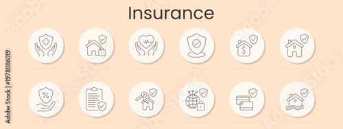 Insurance set icon. Medical protection, home policy, life coverage, shield security, property finance, housing safety, discount rate, contract form, key protection, global security, payment card