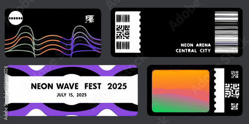 Four abstract card designs with vibrant colors and geometric patterns