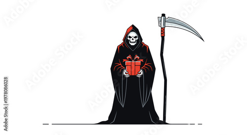 Dark illustration of the grim reaper skeleton wearing a black hooded robe and holding a red gift box tied with a bow.