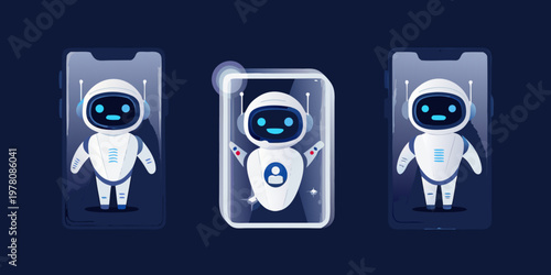 Robotic avatars displayed on smartphone screens representing artificial intelligence