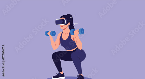 Young woman wearing a virtual reality headset and holding dumbbells while performing a squat exercise in a purple space.