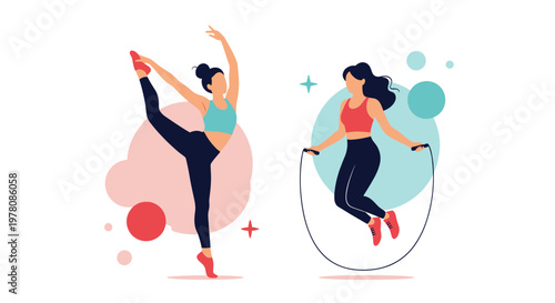 Two active women practicing fitness exercises including a yoga pose for flexibility and jumping rope for cardio health.