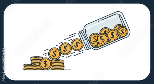 Glass jar lying on its side with golden coins spilling out to represent savings, investment, and financial abundance.