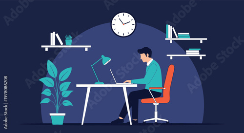 Man working diligently on his laptop late at night in a dimly lit office space with a desk lamp and wall clock.