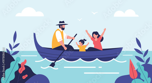 Family enjoying a peaceful boat ride on a calm lake with a man rowing while a woman and child cheer with excitement during their summer vacation.