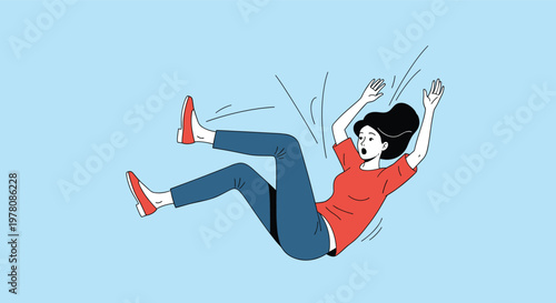 Dynamic illustration of a surprised woman falling backwards in the air against a simple light blue background.