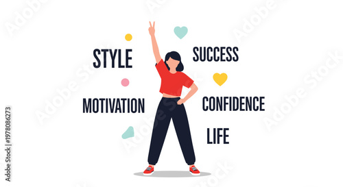 Confident young woman standing with her arm raised in a victory pose surrounded by words describing style, success, motivation, and a positive life.