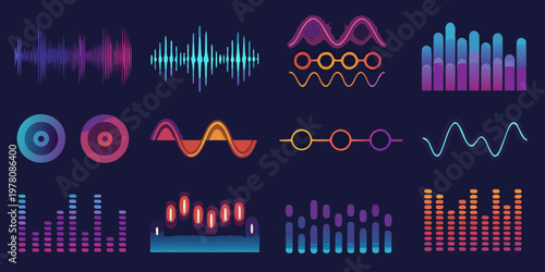 Collection of colorful sound waves audio spectrums and visual equalizer graphics