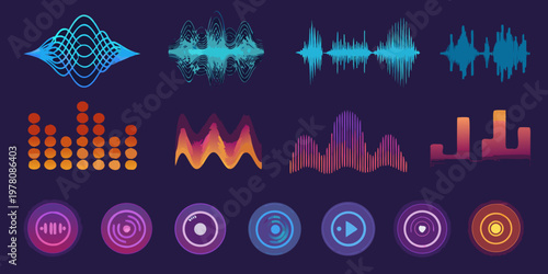 Abstract sound wave visualizations in vibrant colors on a dark background
