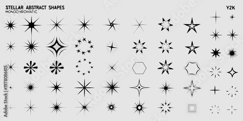 Collection of black starbursts sparkles and geometric shapes on a white background