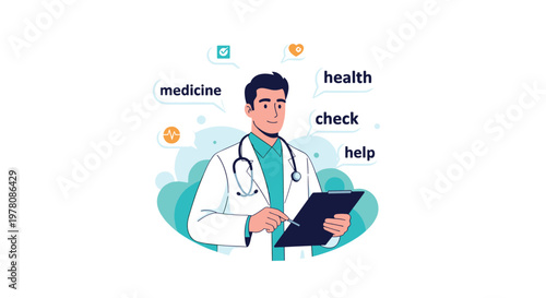 Professional male doctor in a white coat holding a clipboard with speech bubbles containing medical words like health, medicine, help, and checkup.