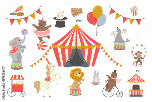 Comprehensive circus carnival set with big top tent, fairground food, and performing animals. Vector illustration for kids birthday party decoration and festive event design elements.