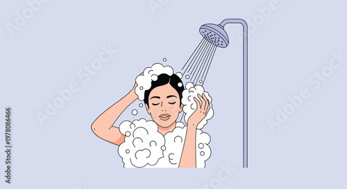 Relaxed young woman washing her hair with soap under a shower head with plenty of bubbles in a clean bathroom setting for personal hygiene and care.