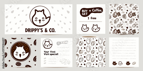 A collection of branding elements featuring a cute cat and coffee beans
