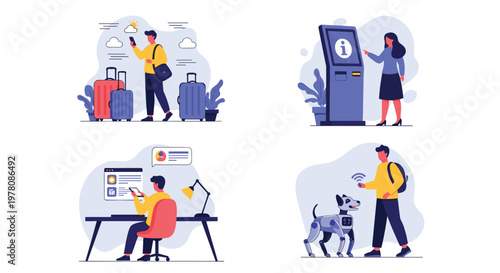 Daily life scenes showing a man traveling with suitcases, a woman using an info terminal, a person working at a desk, and a man with a robot dog.