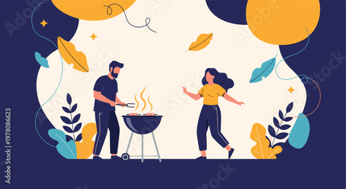 Happy couple enjoying an outdoor barbecue party with a man grilling sausages and a woman dancing in a decorated backyard with colorful abstract shapes.