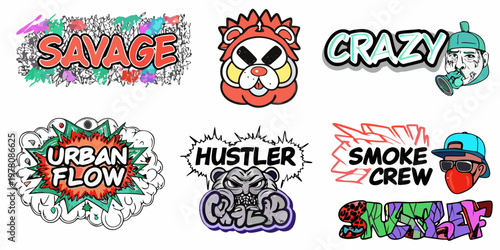 Collection of colorful stylized sticker designs with bold typography