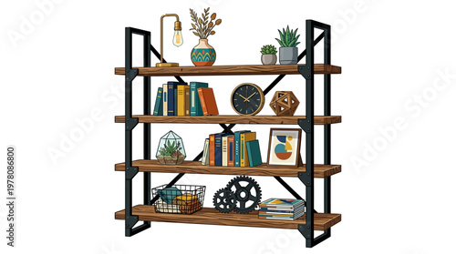 Wooden bookshelf with decorative items.