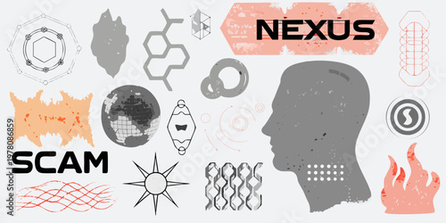 Abstract illustration featuring a human profile geometric shapes and bold text