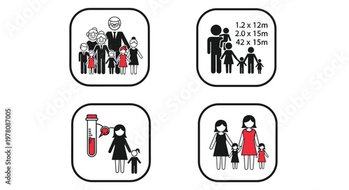 Family health and demographic diagrams showing groups of people, parent-child relationships, and medical testing symbols in a minimalist style.