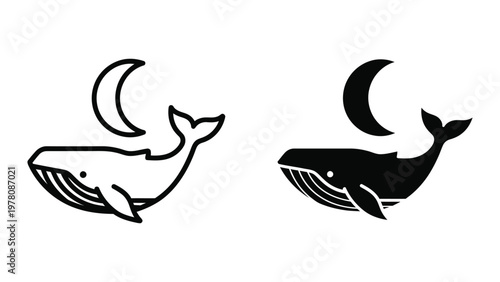 Whales with crescent moons leaping gracefully above their heads in contrasting styles