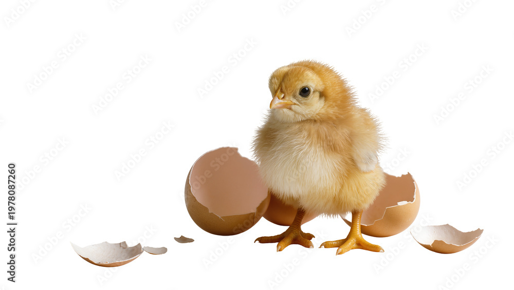 Obraz premium Fluffy yellow chick emerging from broken brown eggshell