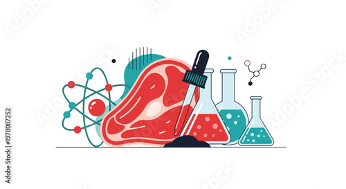 Scientific illustration of lab-grown meat featuring atom models, test tubes, and a pipette used in cultivated food technology.