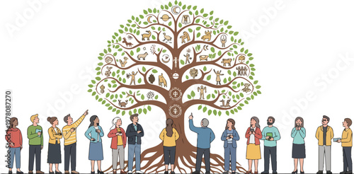 Diverse People Observing a Vibrant Tree of Life With Symbolic Icons