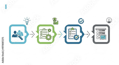 A vector graphic illustrating a business process flowchart with icons and symbols