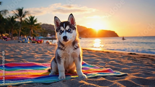 Husky puppy sitting on striped towel on sandy beach with sunset over ocean