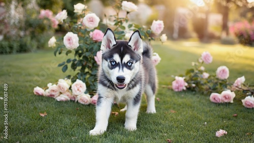 Siberian Husky puppy standing on grass lawn surrounded by pink roses with blue eyes