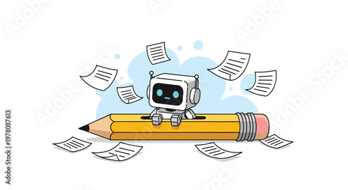 Creative illustration of a small white robot sitting on a giant pencil surrounded by flying sheets of paper for content generation.