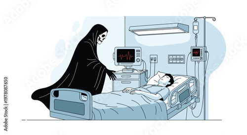 Dramatic illustration of the grim reaper standing beside a patient lying in a hospital bed with medical monitoring equipment.