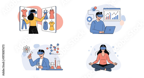 Set of illustrations showing various uses of virtual reality including online shopping, data analysis, science, and meditation.