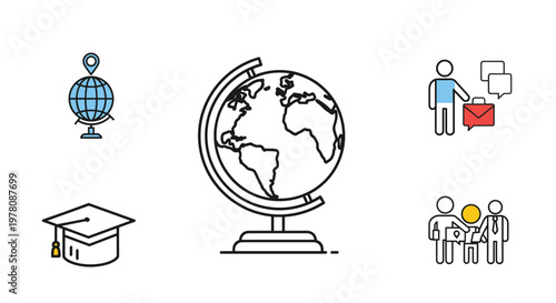 Collection of flat style icons including a globe, a graduation cap, and social interaction symbols representing global education.
