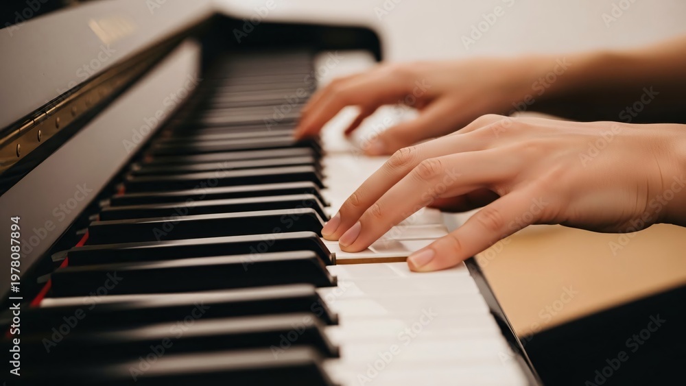 Obraz premium Close-up of hands playing piano keyboard in a music studio or practice room capturing the artistry and focus of a pianist performing a musical piece for an inspiring and artistic atmosphere