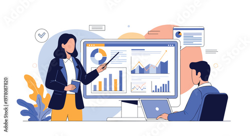 Business professional giving a presentation about data charts and analytics on a large computer screen to a colleague.