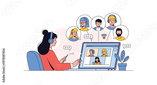 Young woman using a laptop and wearing headphones to participate in a multi person video conference from her desk.