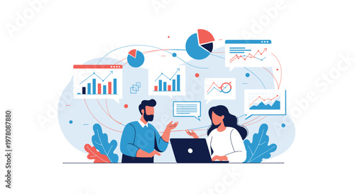 Two business professionals sitting at a table with a laptop and discussing complex data charts and financial indicators.