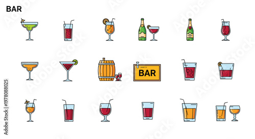 Comprehensive collection of bar and drink icons featuring cocktails, wine bottles, beer barrels, and varied glassware.