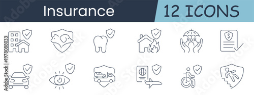 Insurance set icon. Building, pet shield, tooth shield, house fire, family umbrella, contract, car, eye, truck, travel, disability, accident, protection, policy