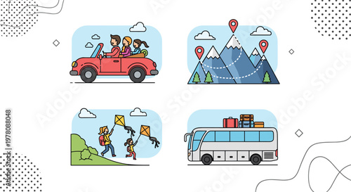 Collection of travel themed illustrations including a family car trip, mountain hiking, kids with kites, and a tour bus.