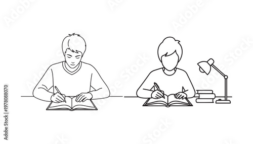 Two students studying at desks with books and a lamp