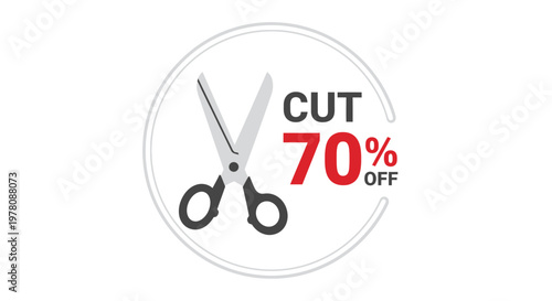 Scissors Cutting 70% Off Discount Price Tag, Sale Promotion Concept