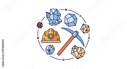 Circular set of mining icons including a hard hat, a pickaxe, and various blue and gold mineral crystals and rocks.