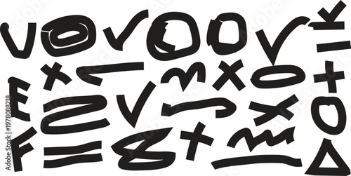 Hand Drawn Black Marker Symbols Set – Abstract Arrows, Crosses, Circles, Scribbles and Brush Strokes Vector Collection