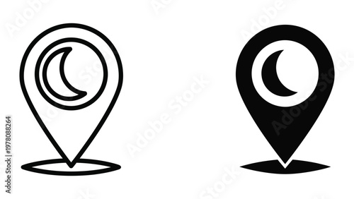 Contrasting map pins with crescent moon symbols in different styles