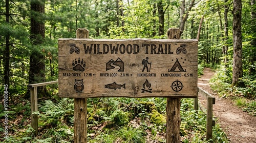 Wildwood Trail wooden sign in lush green forest with hiking path and camping symbols