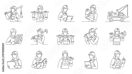 Female Construction Worker Icon Set Line Art – Industrial Tools Equipment Operator Illustration Collection