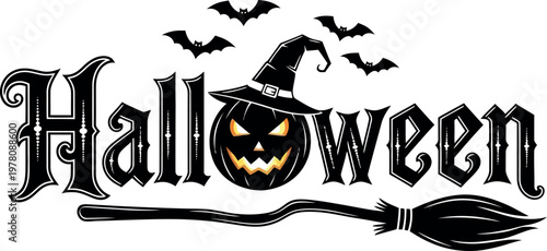 Halloween text with jackolantern pumpkin witch hat and broom